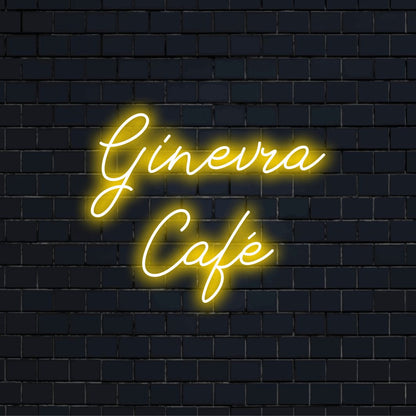 Ginevra Cafe Custom Name Neon Sign, bright LED glow against black brick wall