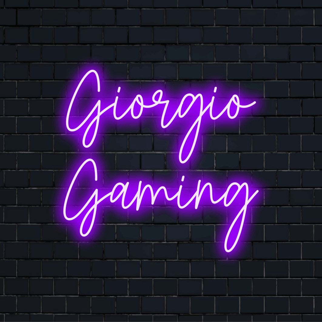 Giorgio Gaming Personalized LED Neon Sign, glowing wall decor on dark brick wall