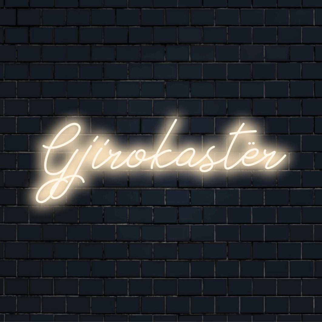 Gjirokast R LED Neon Sign, neon text light on dark brick background