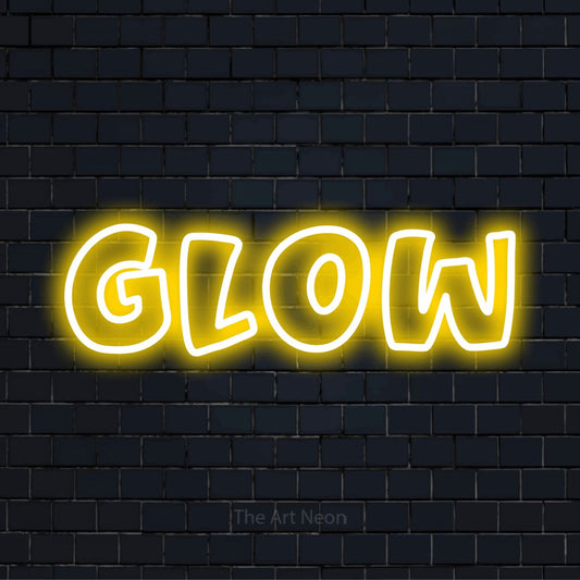 "Glow" text design with neon effect on a black brick wall