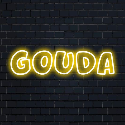 Gouda LED Neon Sign, soft neon glow against black brick wall