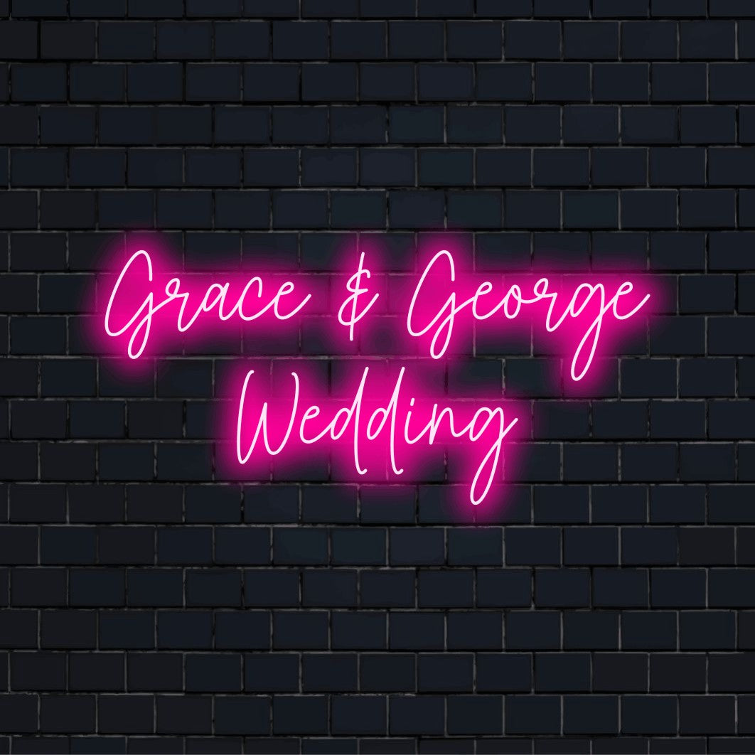 Grace _ George Wedding Custom Name Neon Sign, soft neon glow on black brick background