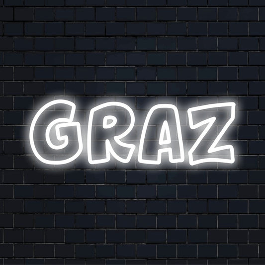 Graz Neon Sign, soft neon glow on black brick background