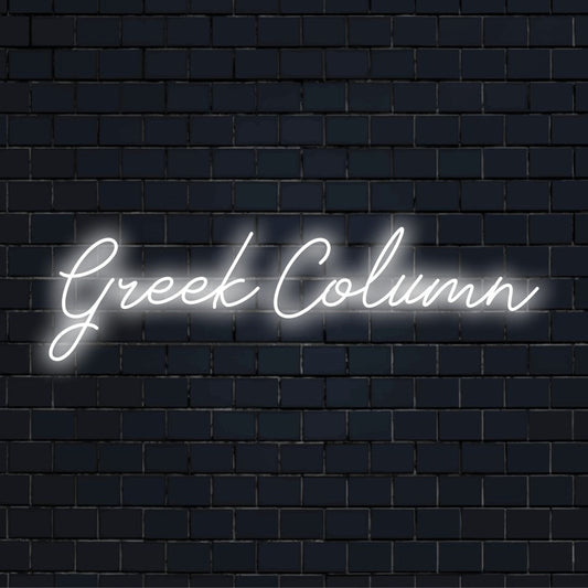 Greek Column Neon Sign, glowing lettering against brick backdrop