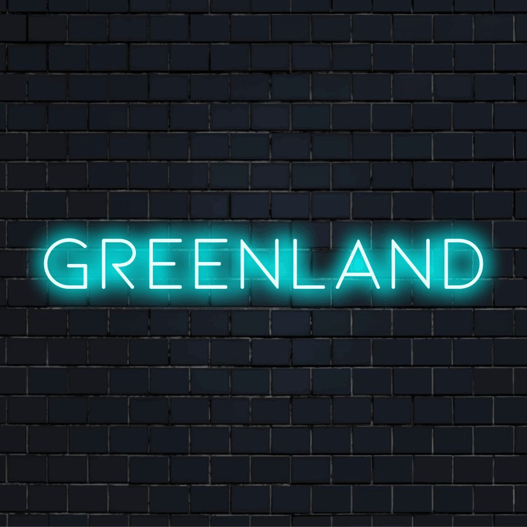 Greenland Neon Sign, glowing lettering against brick backdrop