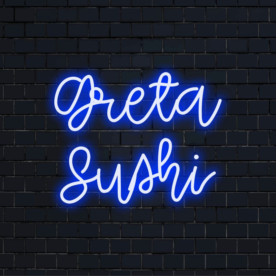 Greta Sushi Personalized LED Neon Sign, glowing neon text against black brick wall