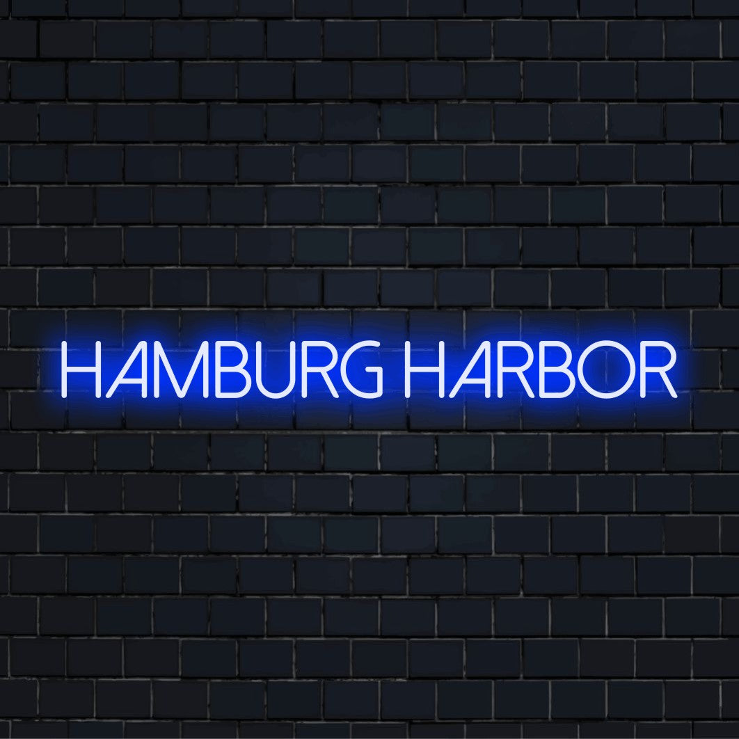 Hamburg Harbor Neon Sign, glowing neon text against brick backdrop