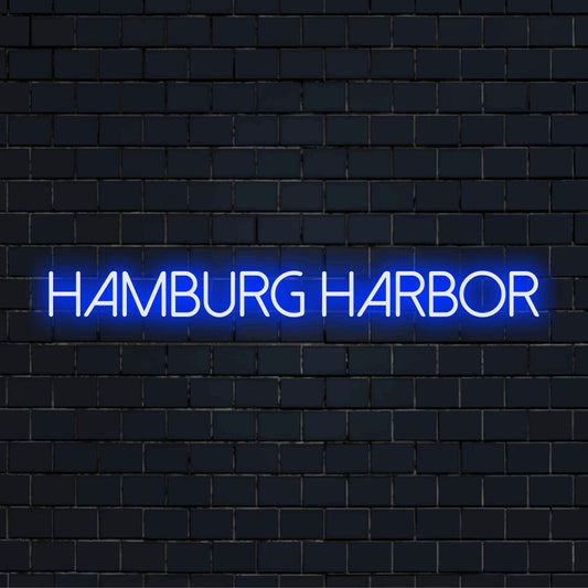 Hamburg Harbor Neon Sign, glowing neon text against brick backdrop