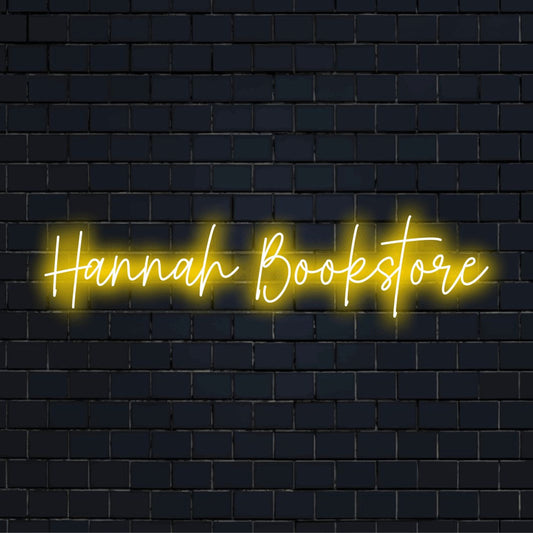 Hannah Bookstore Custom Name Neon Sign, bright LED glow on black brick background