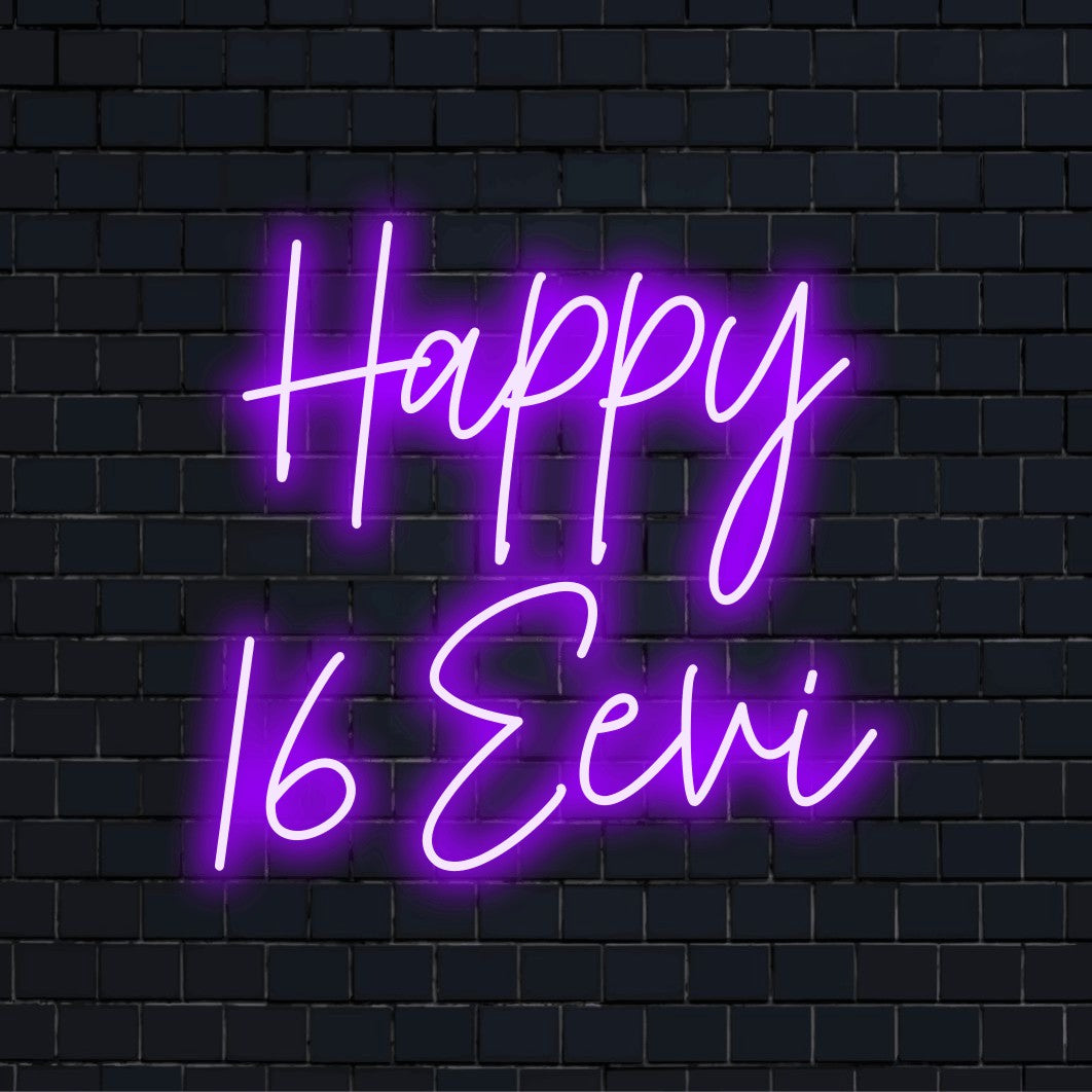 Happy 16 Eevi Personalized LED Neon Sign, soft neon glow against brick backdrop