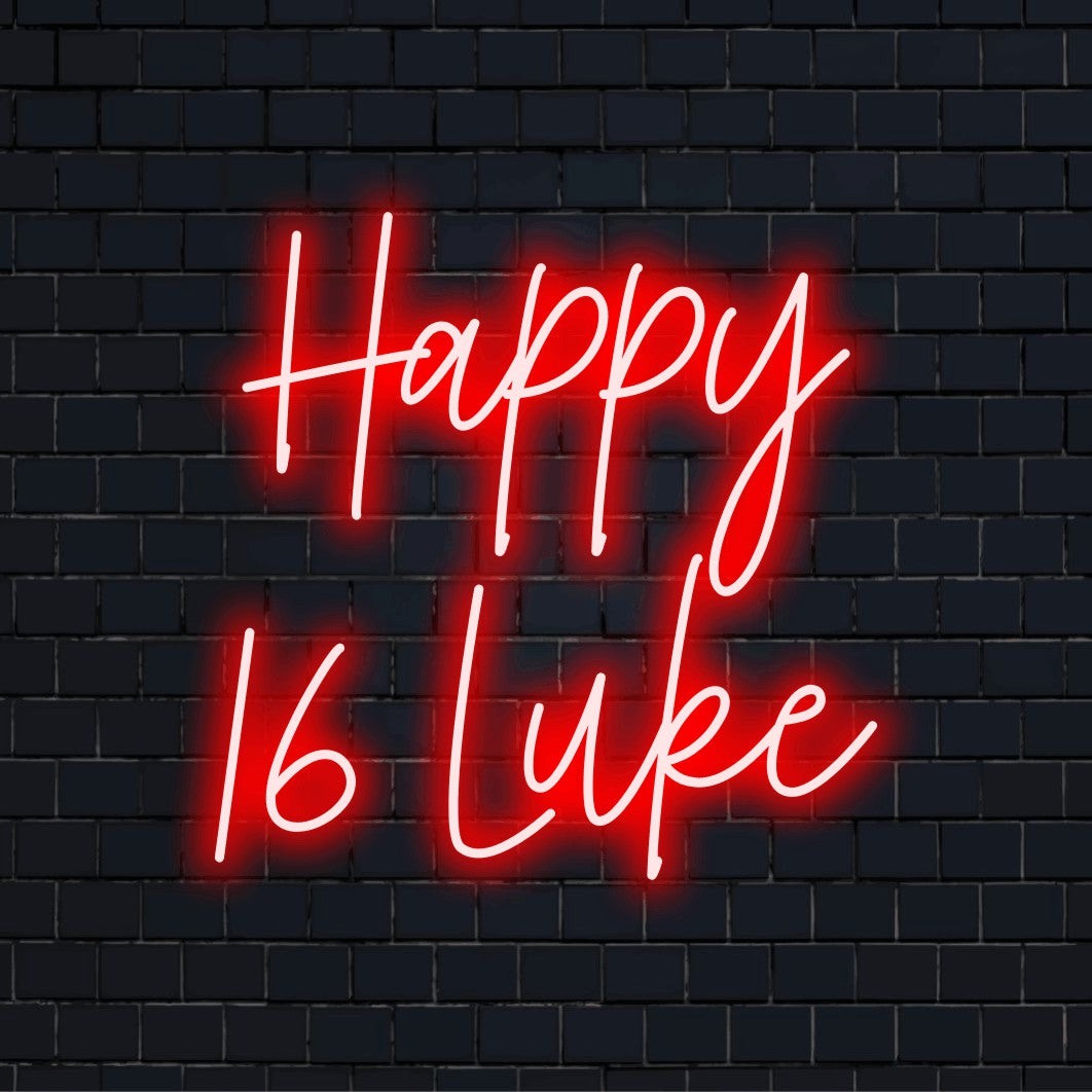 Happy 16 Luke Custom Name Neon Sign, glowing wall decor on dark brick background