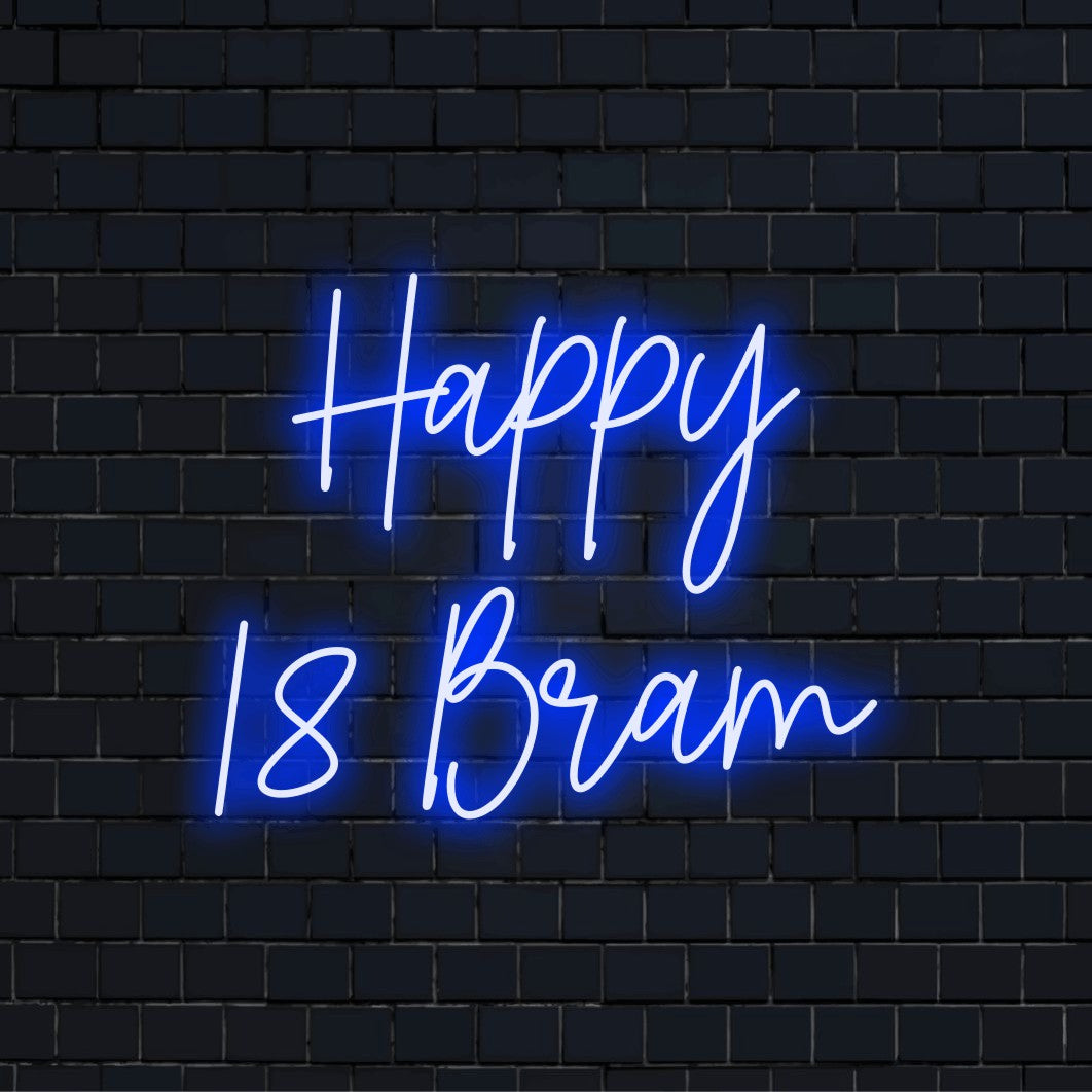 Happy 18 Bram Personalized LED Neon Sign, bright neon glow on dark brick background