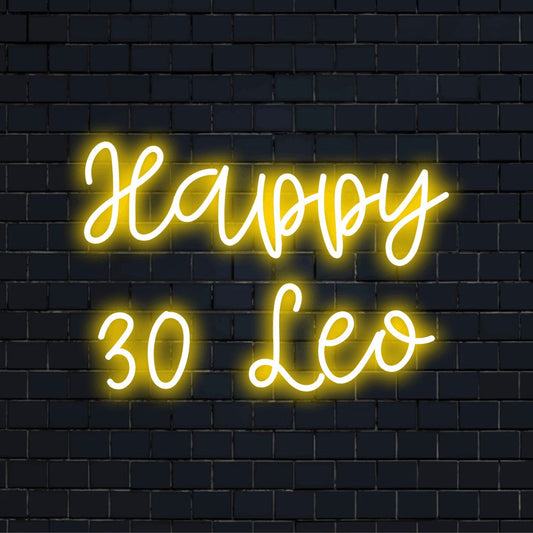 Happy 30 Leo Personalized Neon Light with glowing wall decor against brick backdrop