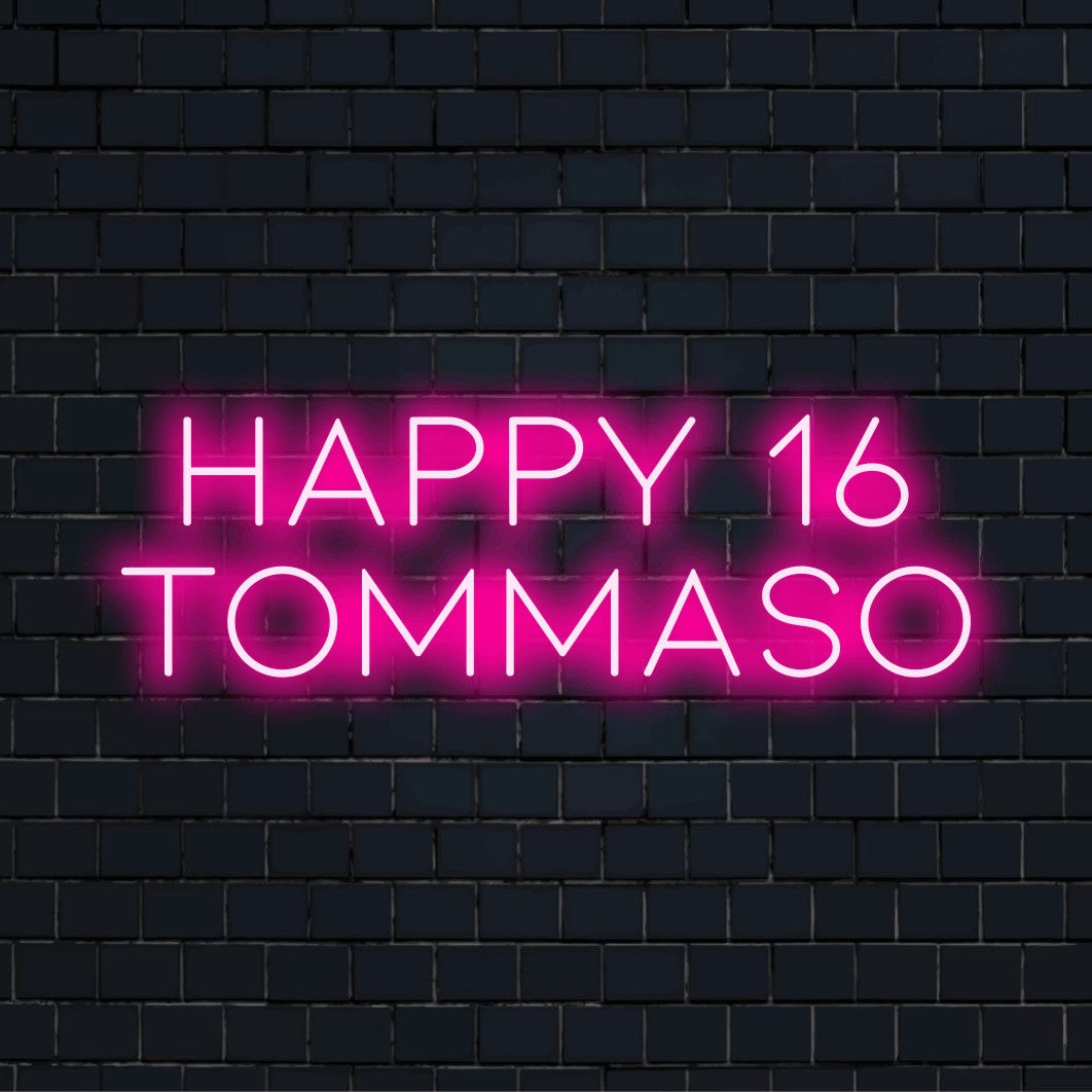 Happy 16 Tommaso Custom Name Neon Sign, glowing wall decor against brick backdrop