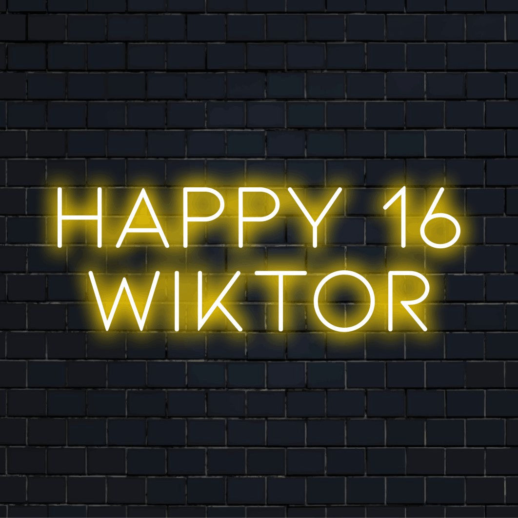 Happy 16 Wiktor Personalized LED Neon Sign, bright neon glow on dark brick background