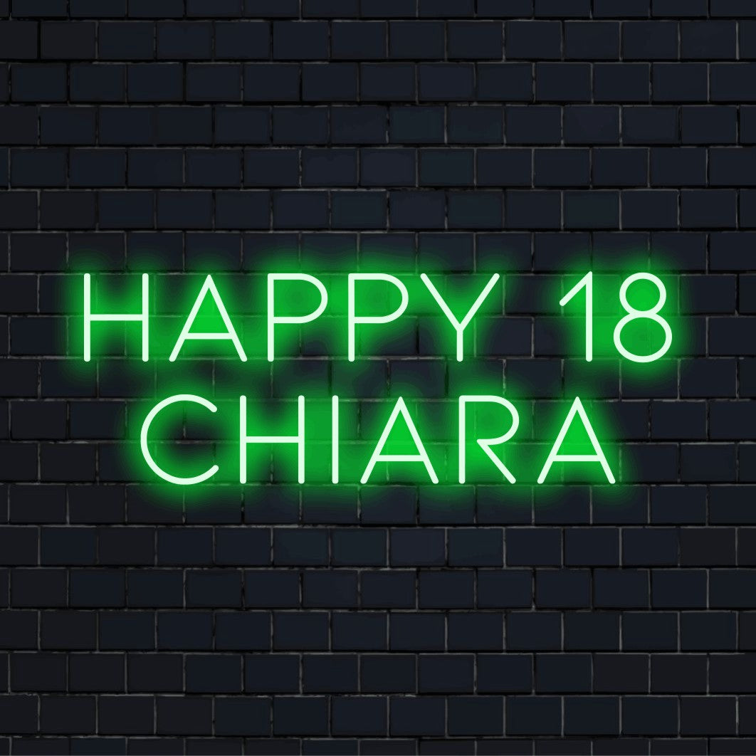 Happy 18 Chiara Personalized LED Neon Sign, bright neon glow on dark brick wall