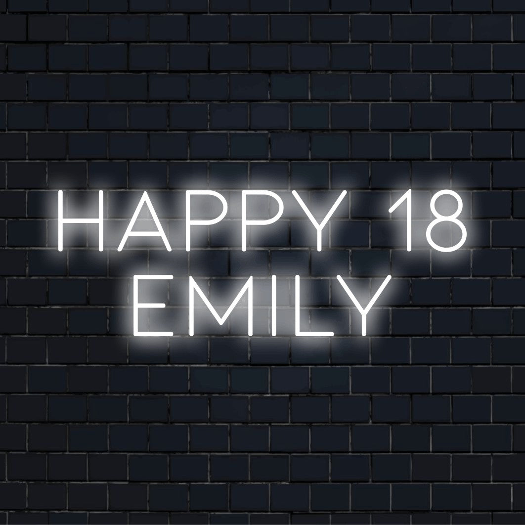 Happy 18 Emily Custom Name Neon Sign, bright neon lettering on black brick background