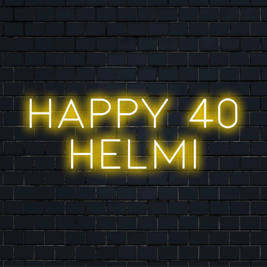 Happy 40 Helmi Custom Name Neon Sign, glowing wall decor against black brick wall