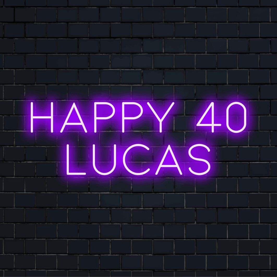 Happy 40 Lucas Personalized LED Neon Sign, bright LED glow against black brick wall