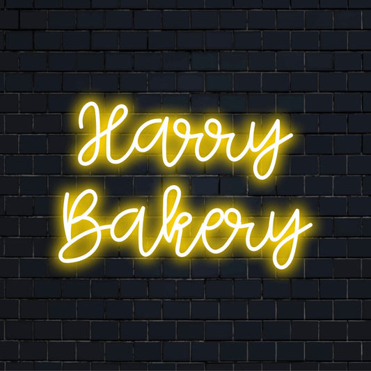 Harry Bakery Personalized Neon Light with bright neon lettering on black brick background