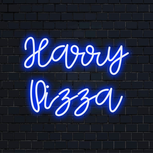 Harry Pizza Personalized LED Neon Sign, glowing lettering on dark brick wall