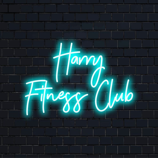Harry Fitness Club Personalized Neon Light with glowing neon text on dark brick background