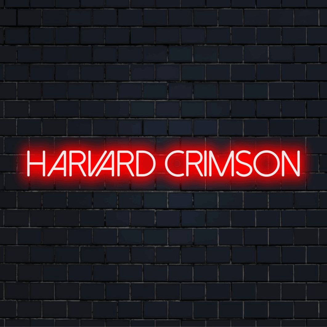Harvard Crimson LED Neon Sign, bright neon lettering on black brick background
