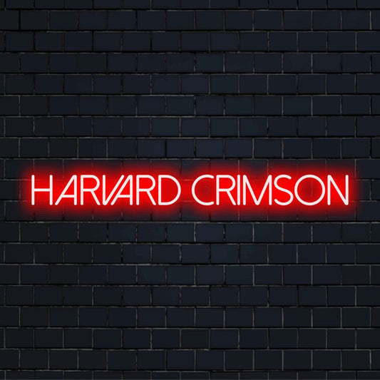 Harvard Crimson LED Neon Sign, bright neon lettering on black brick background