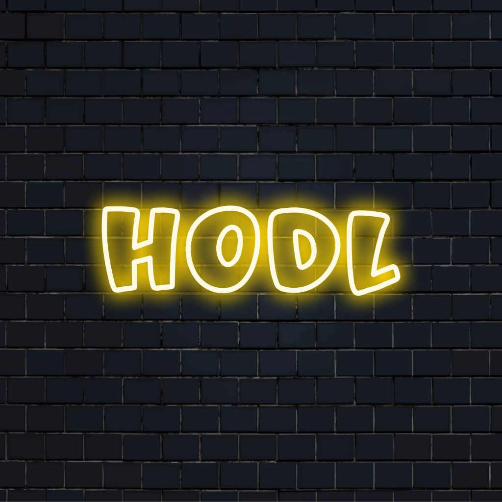 Hodl LED Neon Sign, neon text light on dark brick background