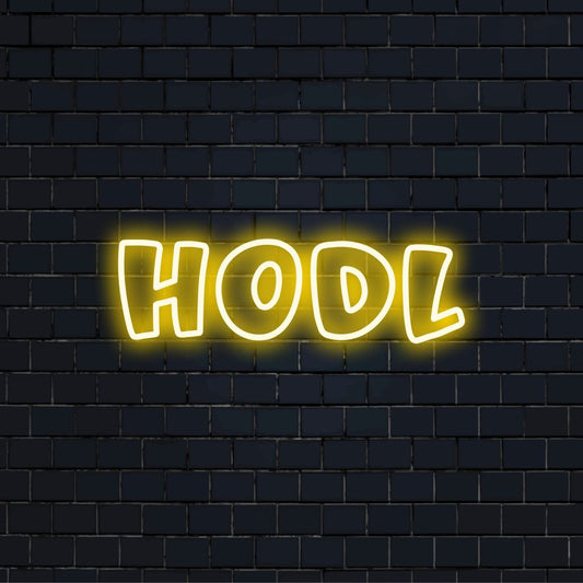 Hodl LED Neon Sign, neon text light on dark brick background