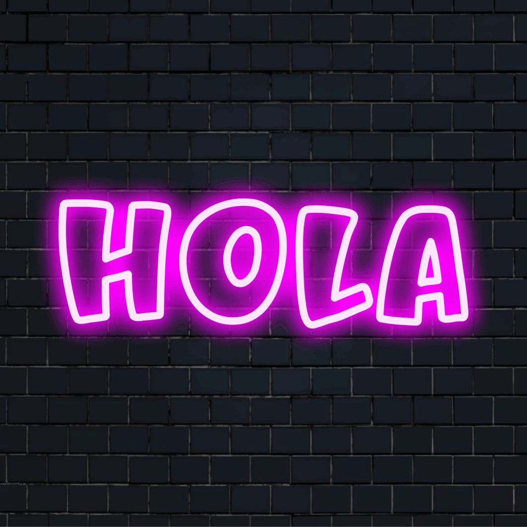 Hola Neon Sign, bright neon lettering on dark brick background
