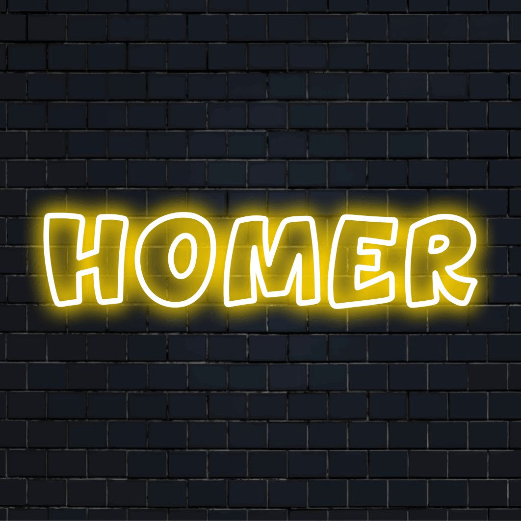 Homer Neon Light with glowing lettering against brick backdrop
