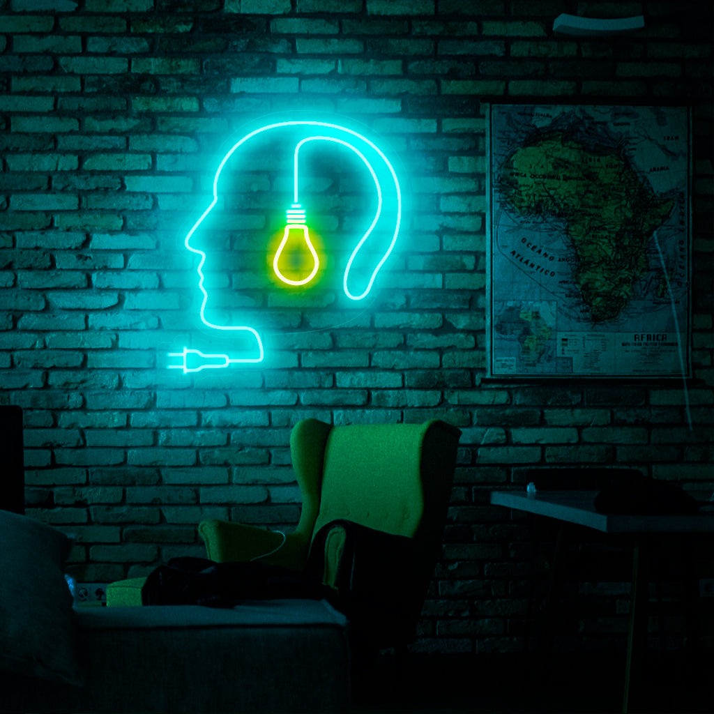 Cabeça humana iluminada por neon com placa de lâmpada, decoração exclusiva para casa