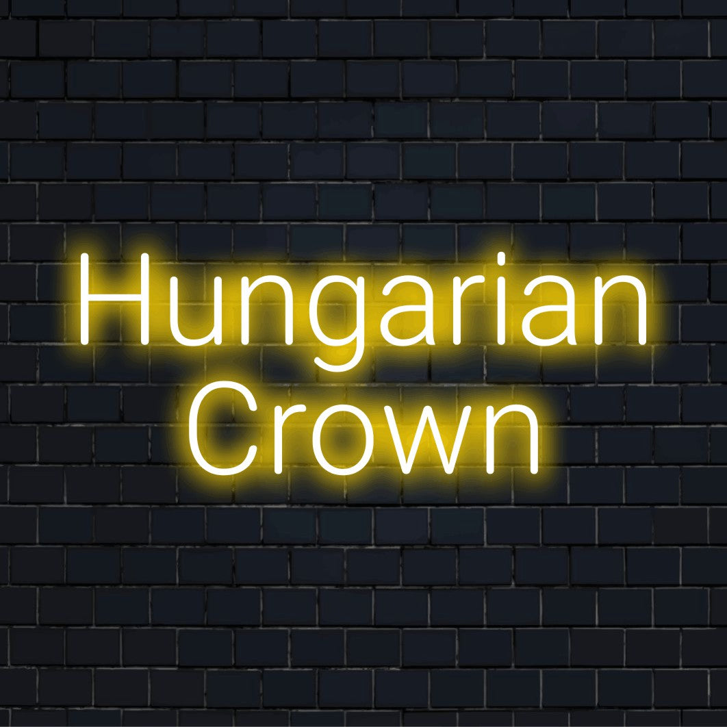 Hungarian Crown LED Neon Sign, bright neon glow against brick backdrop