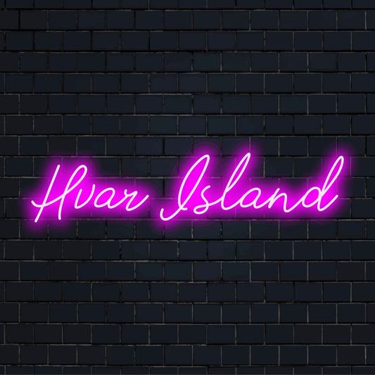 Hvar Island Neon Light with bright LED glow on black brick background