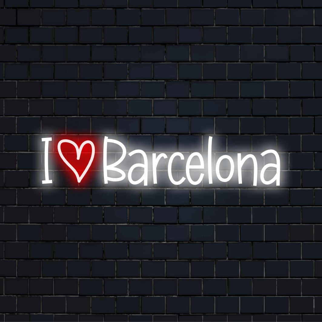 I Love Barcelona LED Neon Sign, soft neon glow on dark brick wall