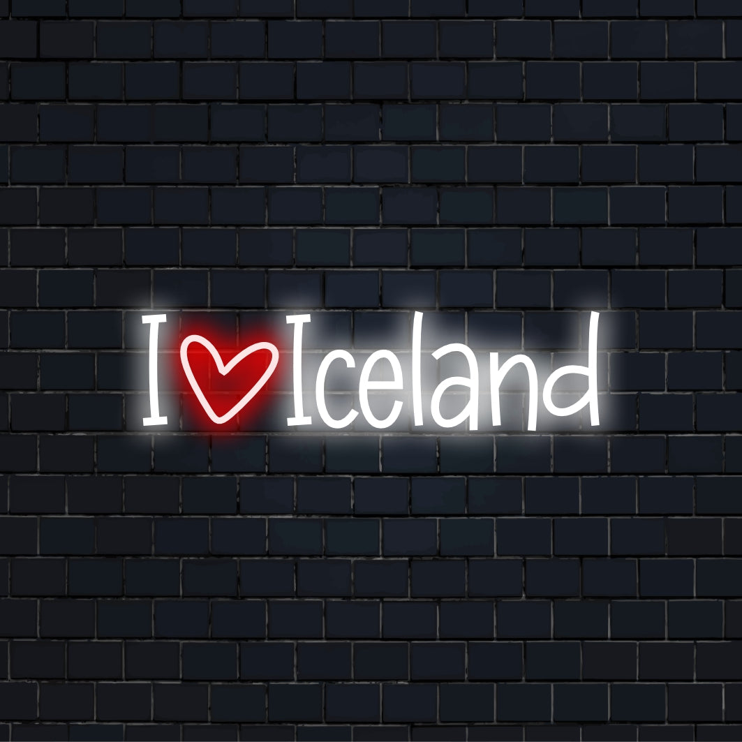 I Love Iceland Neon Sign, bright neon glow on black brick background