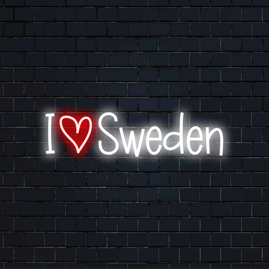 I Love Sweden LED Neon Sign, bright neon glow against black brick wall