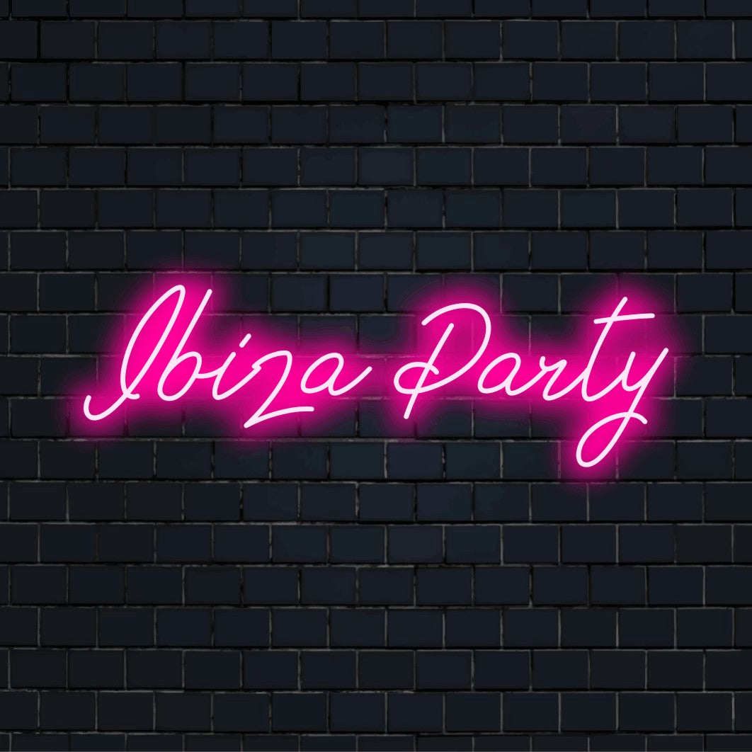 Ibiza Party Neon Sign, glowing lettering against brick backdrop