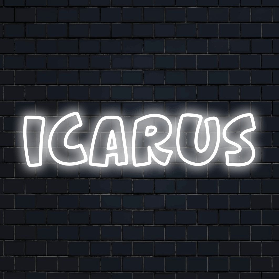 Icarus Neon Light with bright LED glow on dark brick background