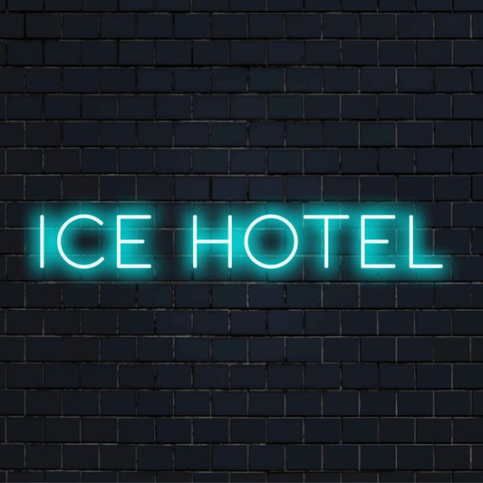 Ice Hotel LED Neon Sign, glowing lettering against brick backdrop