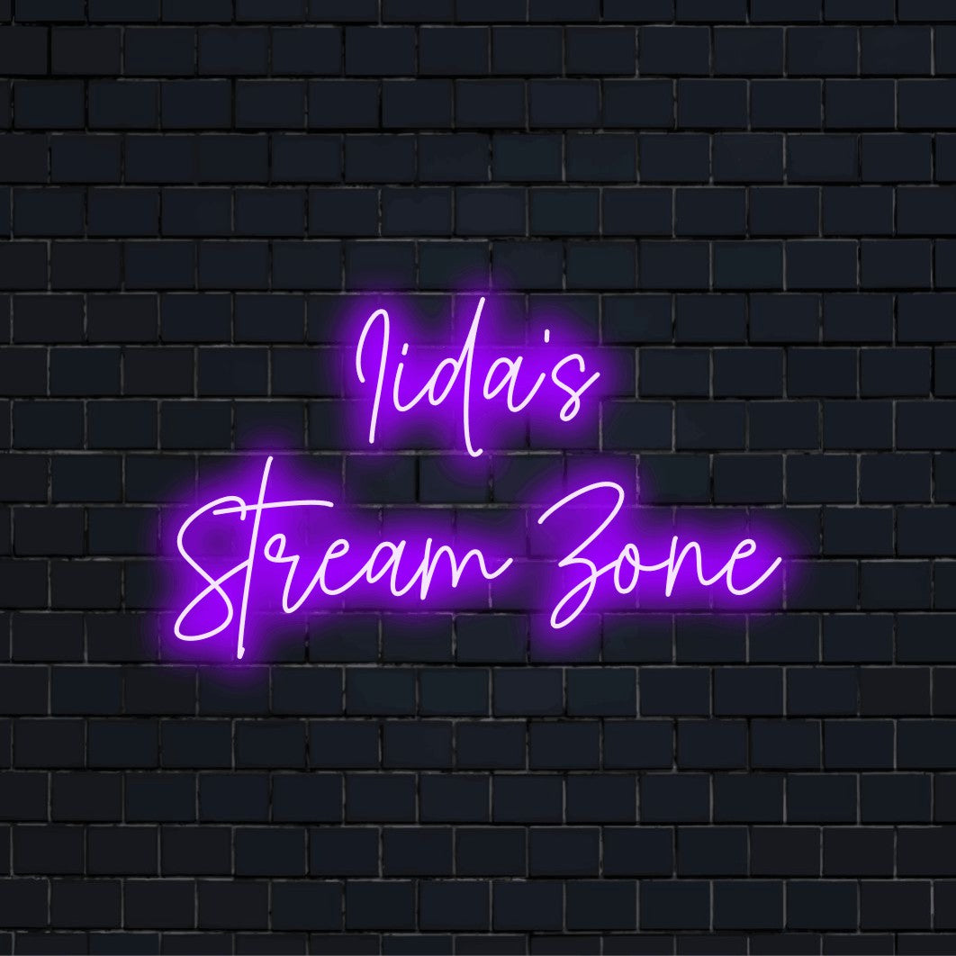 Iida_s Stream Zone Personalized LED Neon Sign, neon text light on black brick background