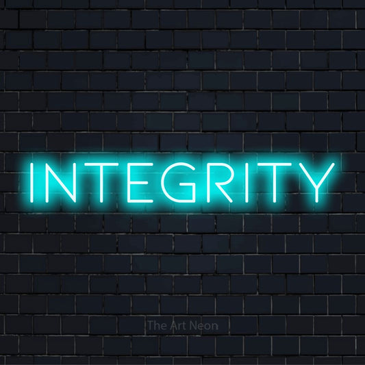 "Integrity" text design with neon effect on a black brick wall