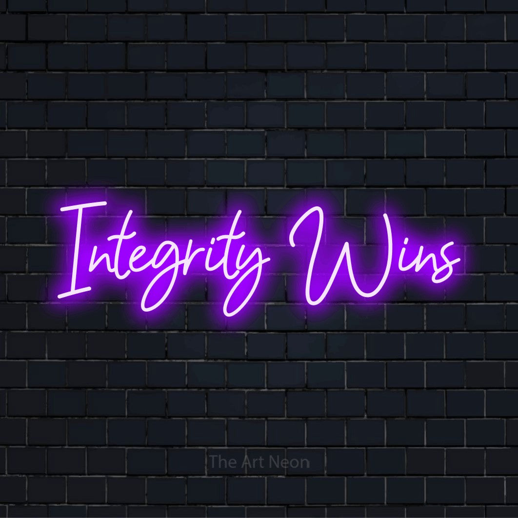 "Integrity Wins" neon text design on a black brick wall