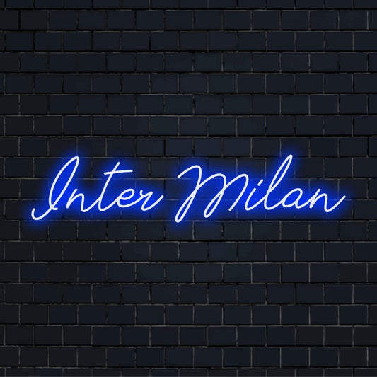 Inter Milan Neon Sign, neon text light on black brick background