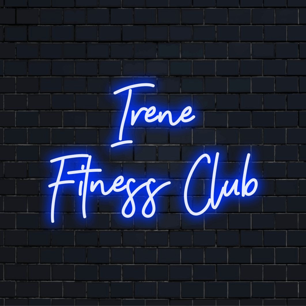 Irene Fitness Club Personalized LED Neon Sign, glowing neon text against black brick wall