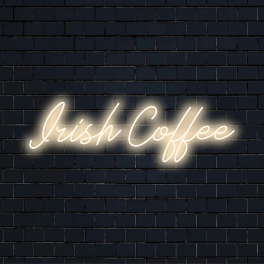 Irish Coffee LED Neon Sign, soft neon glow on black brick background
