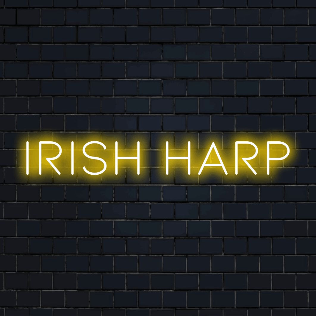 Irish Harp Neon Light with bright neon glow on dark brick wall