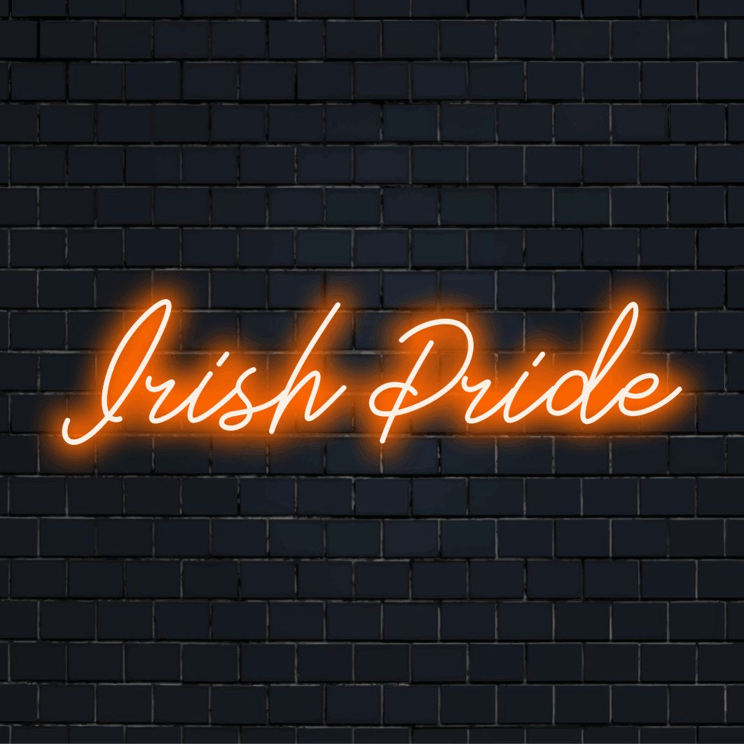 Irish Pride Neon Sign, glowing wall decor on black brick background