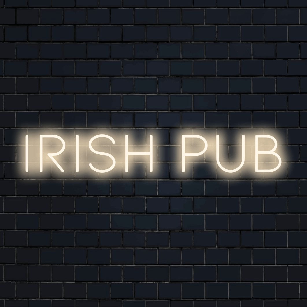 Irish Pub Neon Sign, glowing lettering against black brick wall